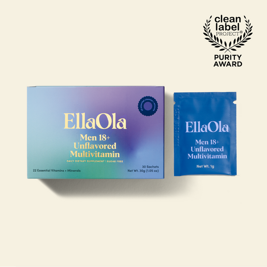 Packaging for EllaOla Men's Essential Unflavored Multivitamin, displaying the product box and a single packet, with a 'Clean Label Purity Award' badge.